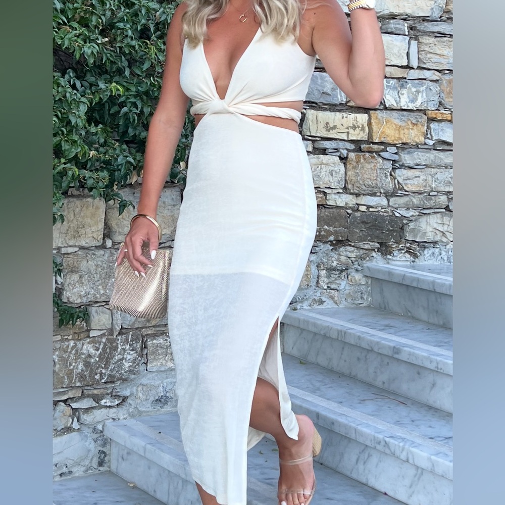 Strapless Cream Twist Cutout Midi Dress - Picture 3 of 3
